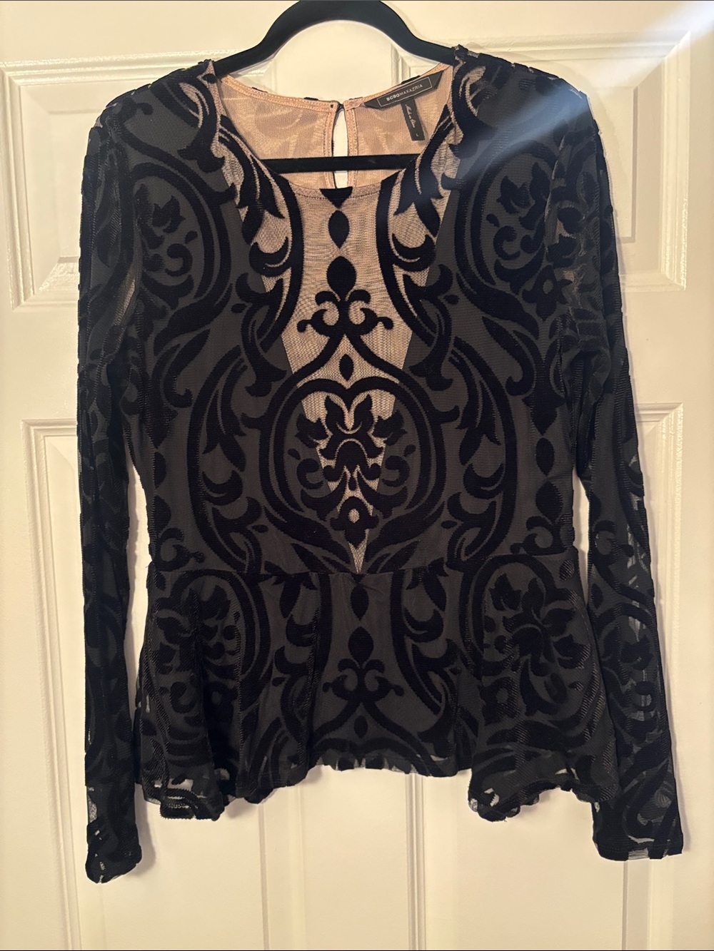BCBGMaxAzria Black Velvet Burnout Peplum Long-Sleeve Top